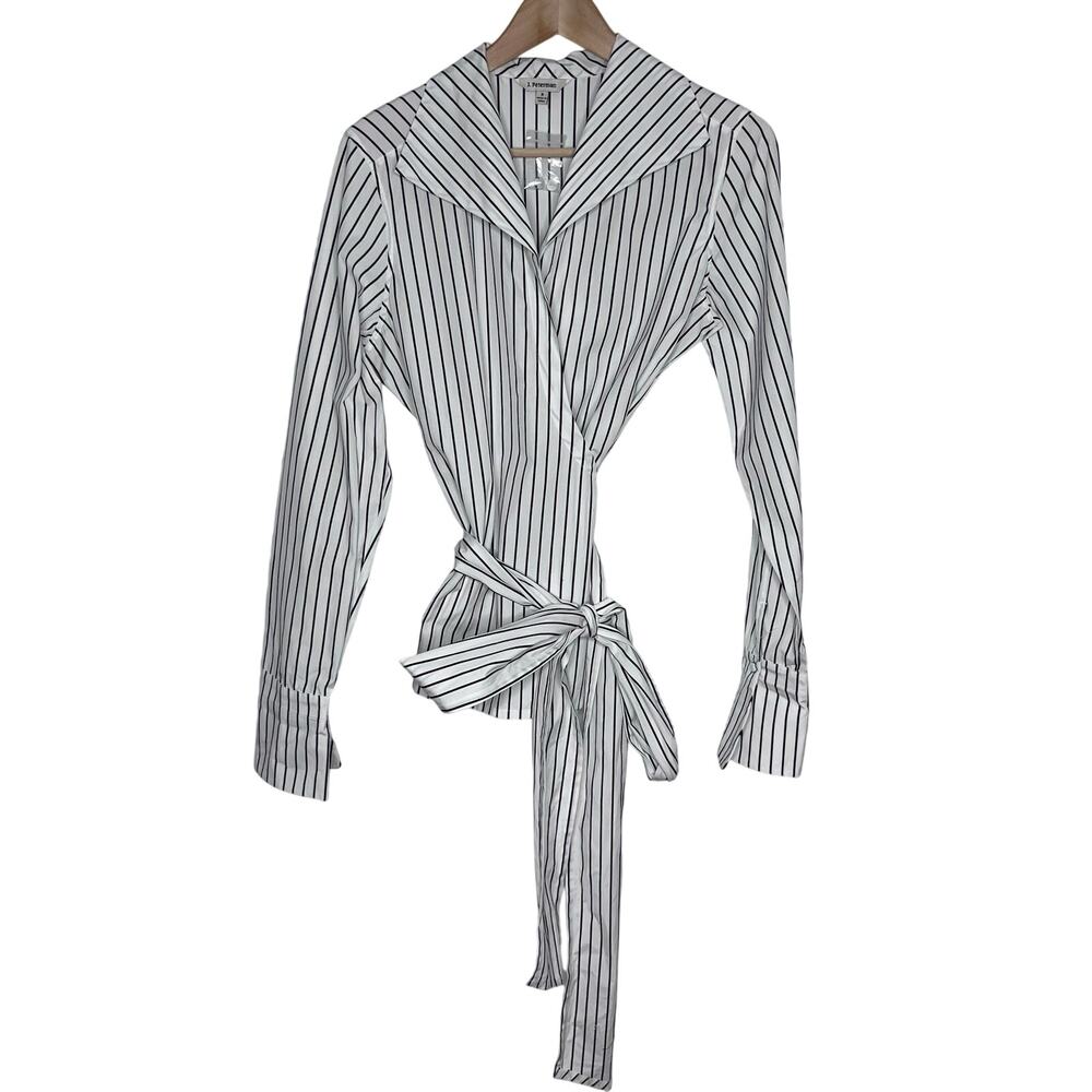 J Peterman White Black Striped Wrap Tie Blouse Size 8